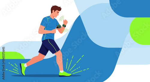 Illustration of a man jogging with armbands and smartwatches for fitness tracking