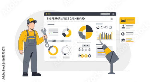 Illustration of a Mechanic Analyzing Vehicle Performance Dashboard for Optimization