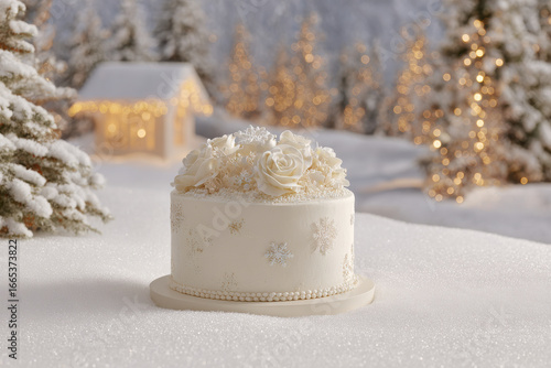 beautifully decorated christmas cake sits elegantly in winter landscape adorned with snow