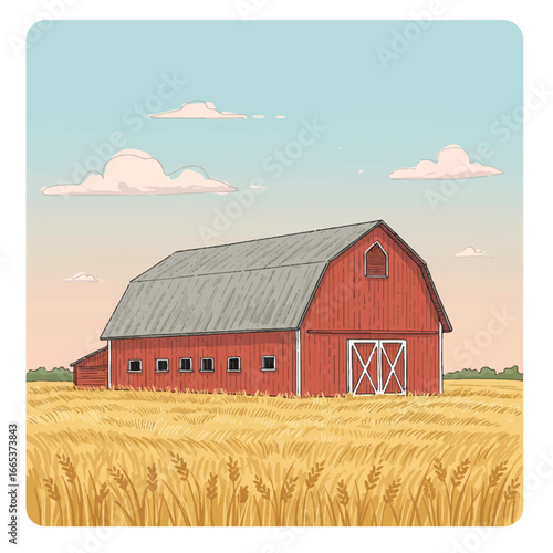 A crisp vector line art drawing of a classic farm barn, featuring the iconic silhouette of rural agricultural architecture in a clean, minimalist style.