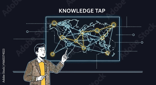 Illustration showcasing a global knowledge network with a presenter explaining the concept