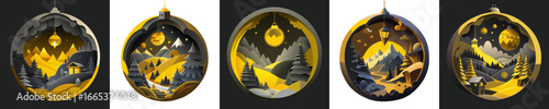 Set of vector cards featuring Christmas ornament with miniature winter landscape inside in gold and black palette, isolated and suitable for dark and light backgrounds