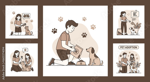 Illustrations showcasing pet care adoption featuring humans and animals in a simple style