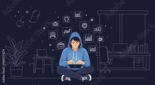 Illustrative depiction of a digital nomad working with tablet in modern workspace