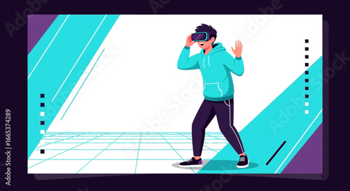 Immersive virtual reality experience: a cartoon illustration of a man wearing VR headset