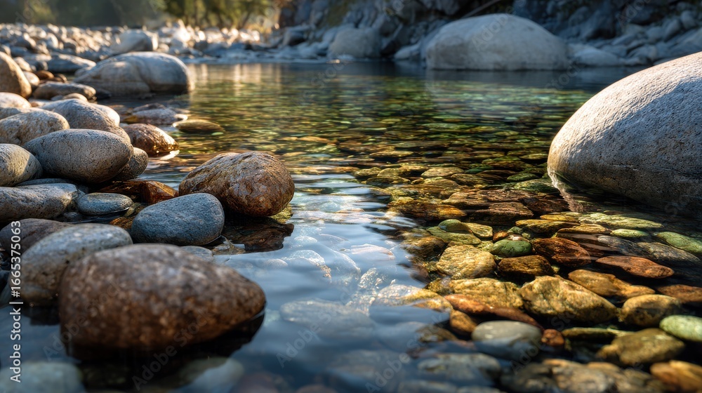 Fototapeta premium Stunning photo of sunlit Riverbed Scene with Smooth Stones and Clear Water.