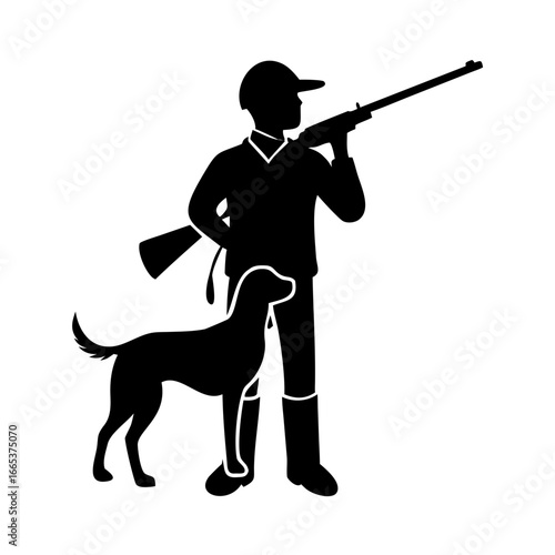 Silhouette of a hunter with a dog and a rifle