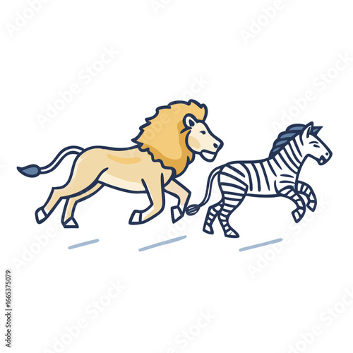 Cartoon lion chasing a zebra, a wildlife scene