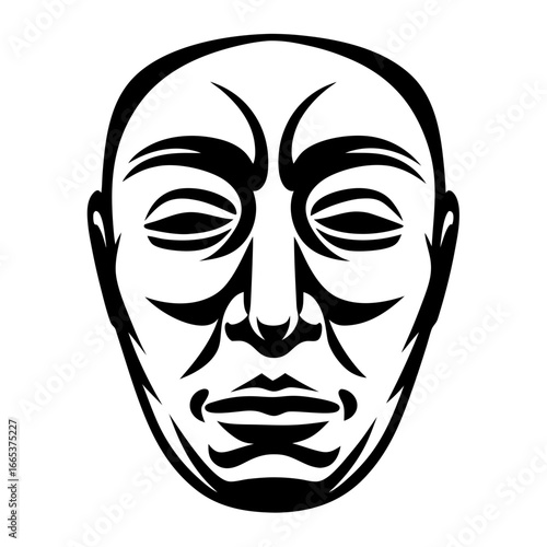 Abstract Tribal Mask Style Face Design, Black and White Illustration Art