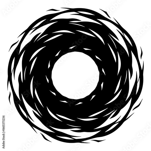 Abstract vortex of swirling black shapes encircling a central white void space