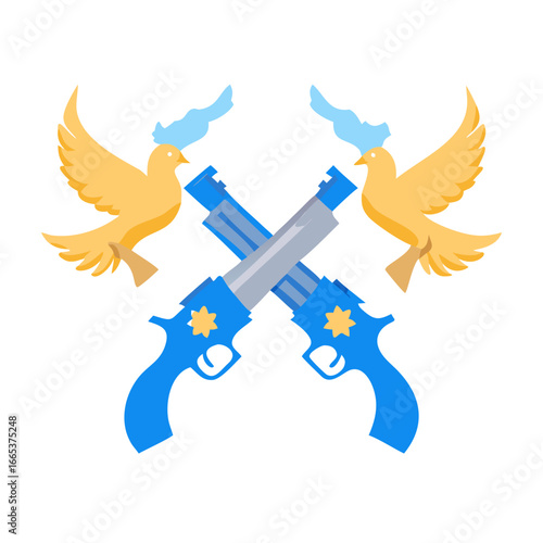Two doves and crossed guns, a symbol of peace