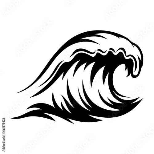 Stylized illustration of a large ocean wave rendered in black and white