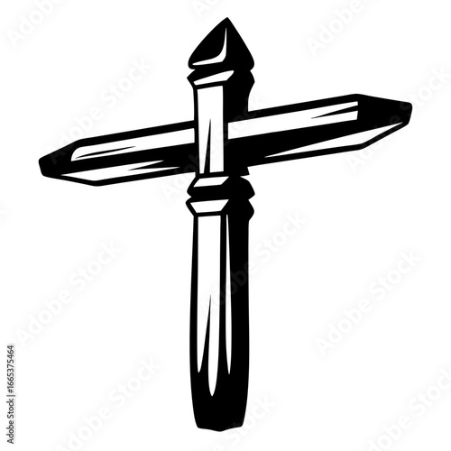 Two stylized cross-shaped directional signs pointing left and right with ornate finials and detailed shafts