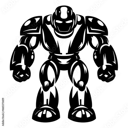 Bold Cartoon Robot Illustration in Black and White Ready to Protect