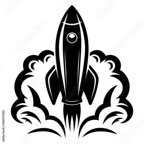 Black and White Rocket Launch Illustration with Elaborate Smoke Trails Design