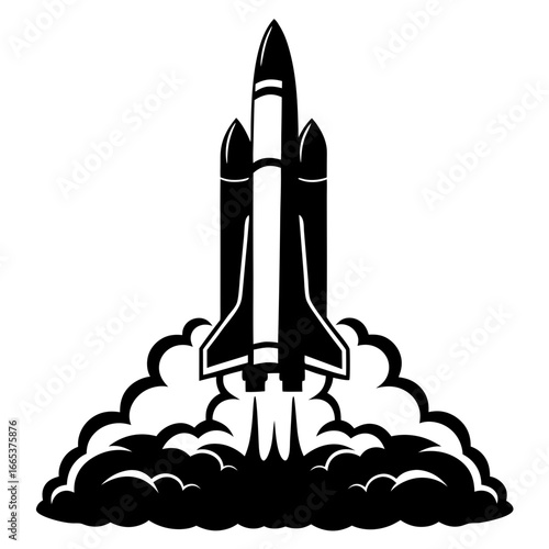Dramatic black and white space shuttle launch with powerful rocket plumes illustration