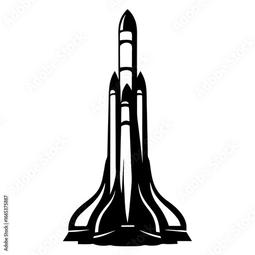 Black and white vector silhouette illustration of a rocket launching upward powerfully