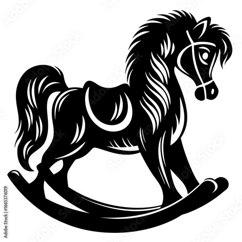 Black and white rocking horse drawing evokes nostalgic childhood memories and feelings