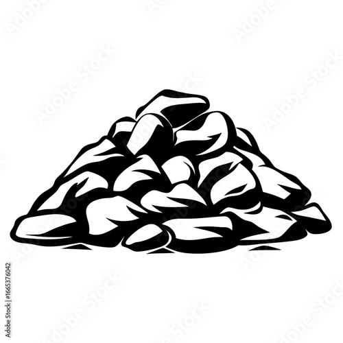 Stylized black and white drawing of a large pile of rocks