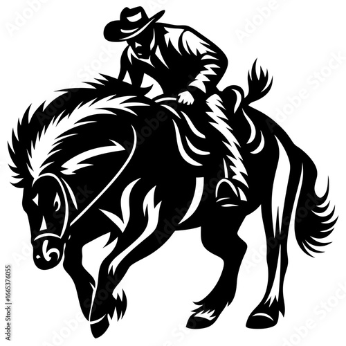 Bold Black and White Rodeo Cowboy Riding Bucking Bronc Illustration