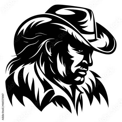 Monochrome vector illustration of a cowboy in a hat with artistic styling