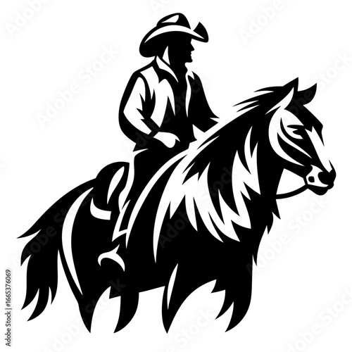 A powerful image of a black silhouette cowboy riding a horse