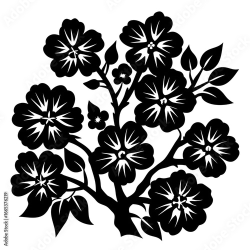 Monochrome Floral Branch with Bold Petals and Contrasting Fill Pattern