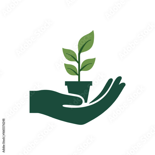 Hand holding a growing plant in a pot, symbolizing care and growth
