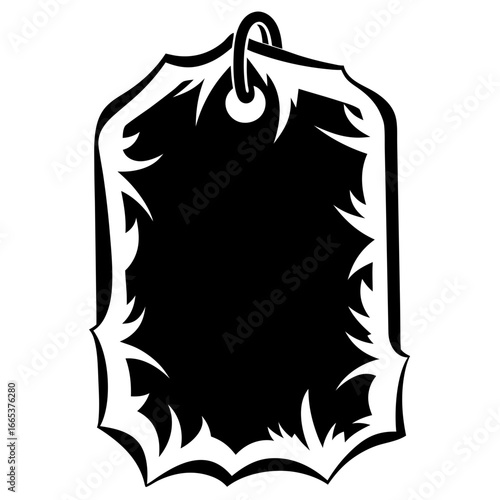 Ornate black and white tag with ring, decorative edges, vintage feel