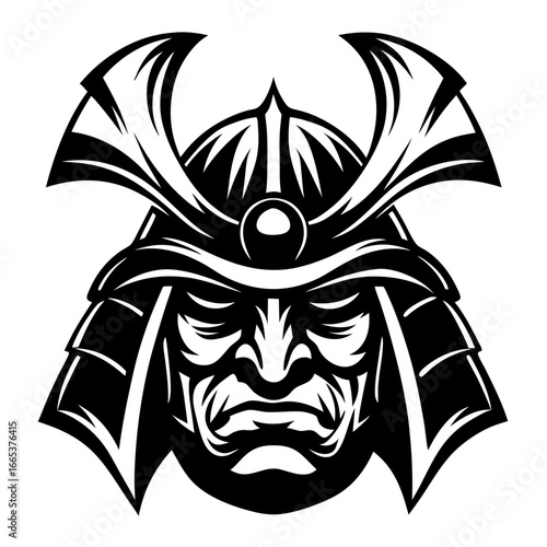 Detailed black and white vector illustration of a samurai warrior mask helmet