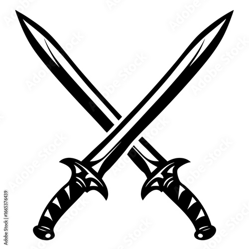 Two crossed swords in black and white minimalist design for heraldry or graphic