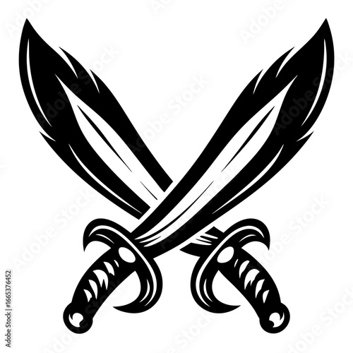 A striking black and white illustration of two crossed pirate swords