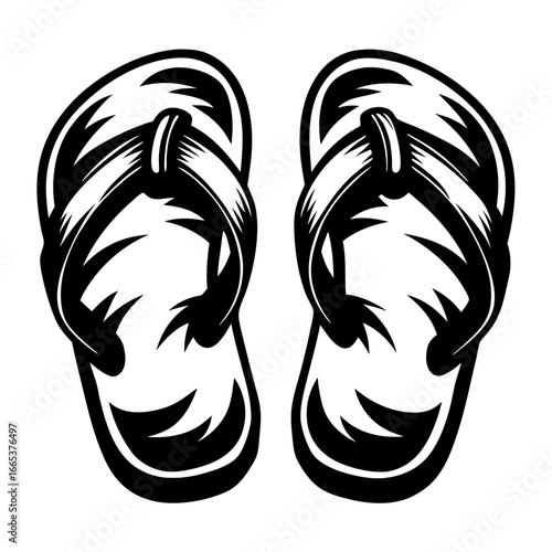 Black and White Illustration of a Pair of Flip Flops Footwear