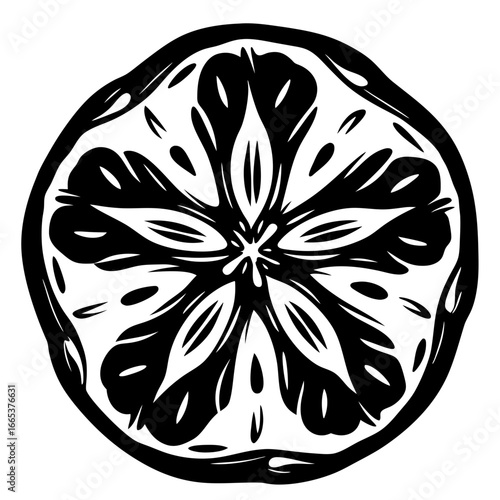 Monochrome stylized citrus fruit slice showcasing artistic interpretation of fruit and nature