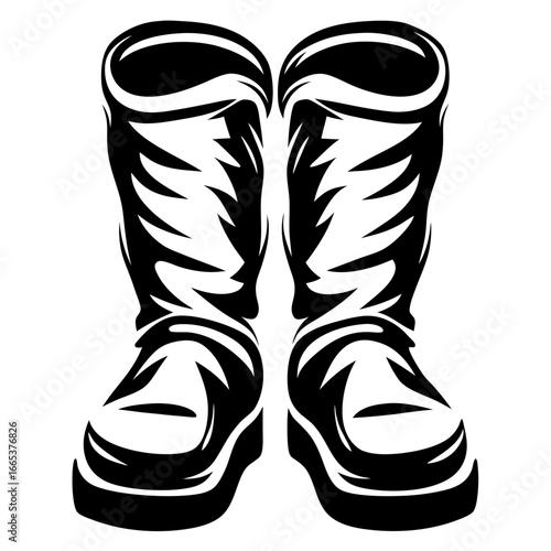 Stylized illustration of high rubber boots in black and white design