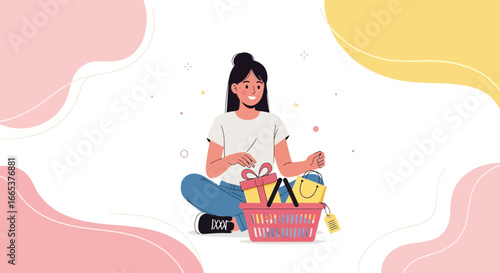 Young woman sitting with shopping basket full of gifts represents online shopping