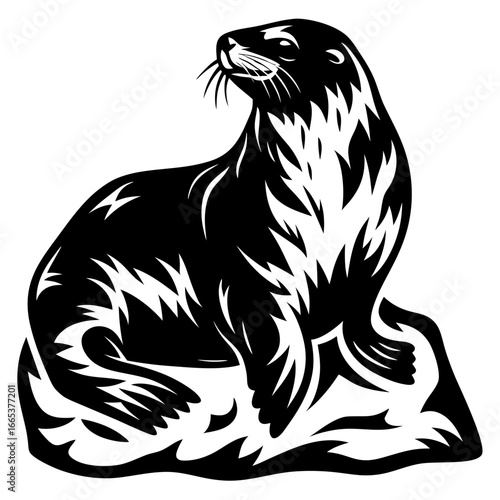 Sea Lion Silhouette on Rock Outcropping Looking Upward with Detailed Fur