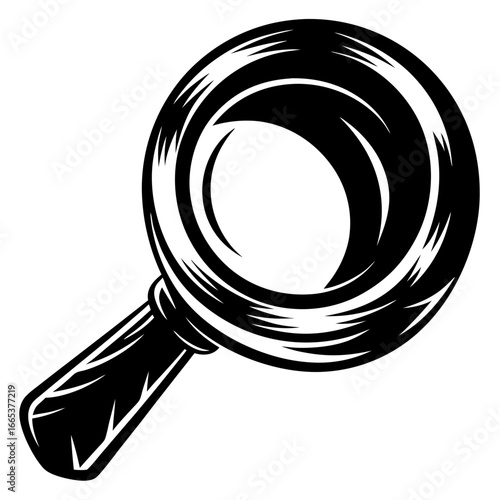 Monochrome illustration of a magnifying glass tool for inspection or searching