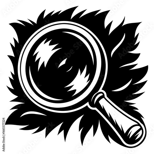 Magnifying Glass Examining Foliage, Symbolizing Discovery and Investigation in Nature