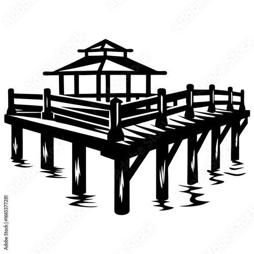 Black and white illustration of a pier with a gazebo on water