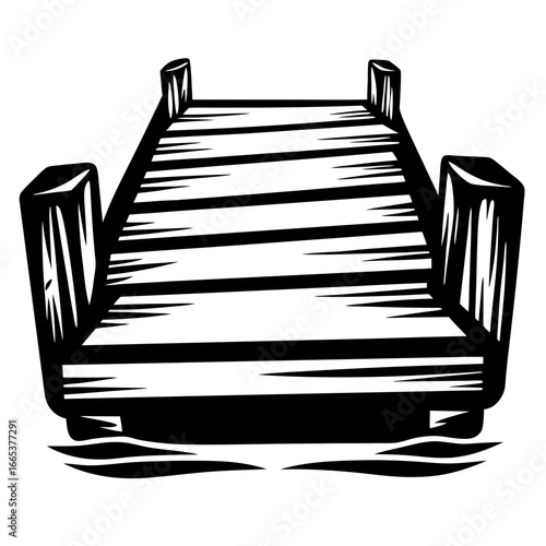 Artistic Black and White Illustration of a Wooden Dock on Water Surface