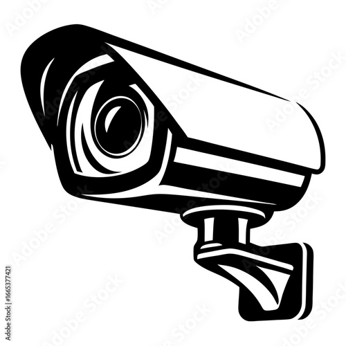 Black and white illustration of a surveillance security camera on a bracket