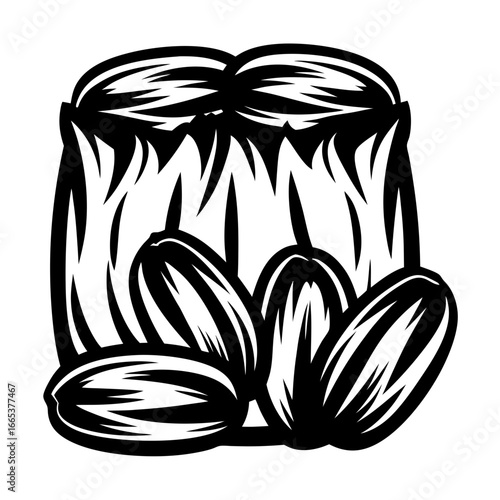 A black and white cartoon illustration of a sack full of seeds