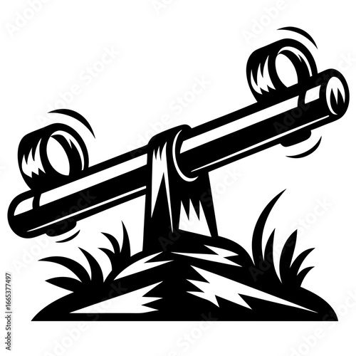 Monochrome seesaw balancing act on a grass hill at a playground