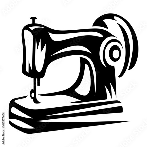 Dramatic Black and White Illustration of a Vintage Sewing Machine Silhouette
