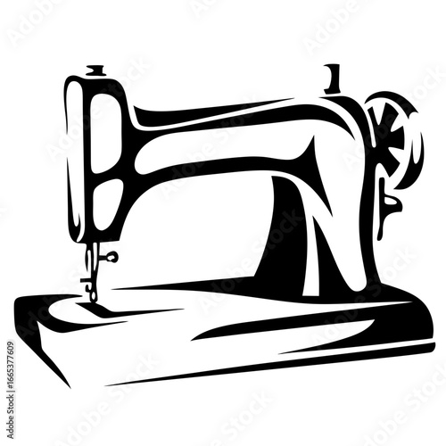 Stylized vintage sewing machine illustration with strong black and white contrast