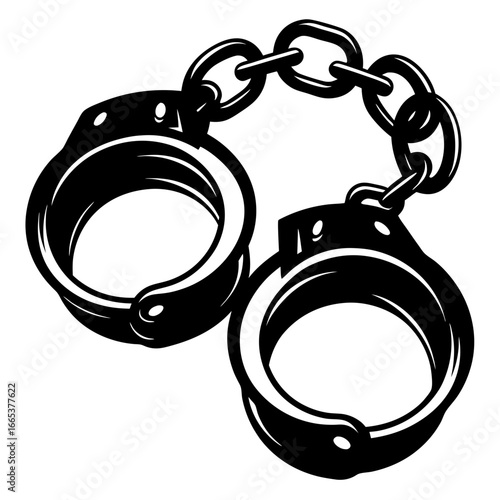 A monochrome vector drawing of a pair of metal handcuffs linked together
