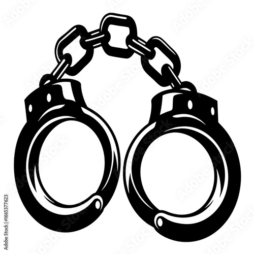 Pair of black metallic handcuffs with chain in monochrome style drawing