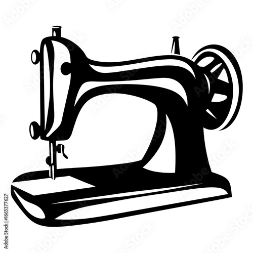 Monochrome illustration of vintage sewing machine with intricate details and shadow