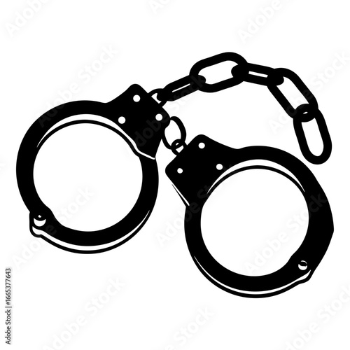 Black and white illustration of metallic handcuffs connected with a chain